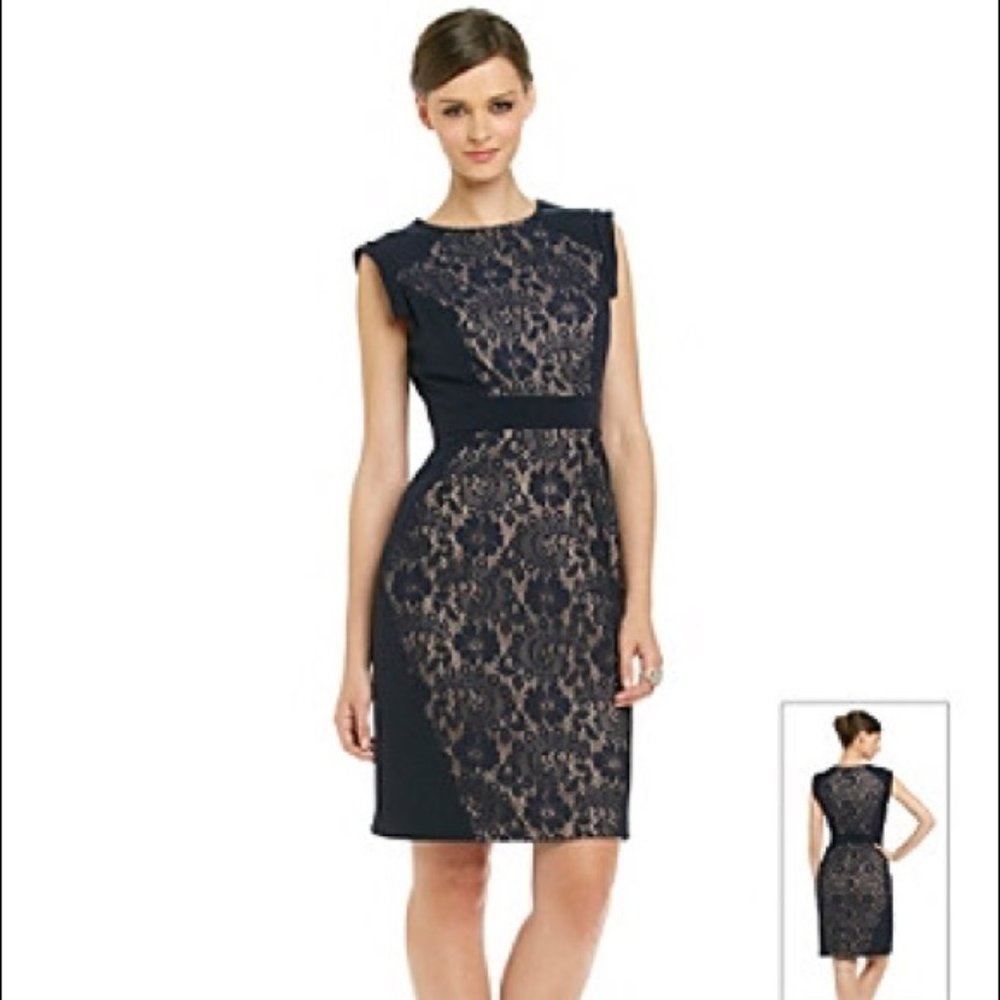 Adrianna Papell Sheath Black Lace Overlay Dress 8